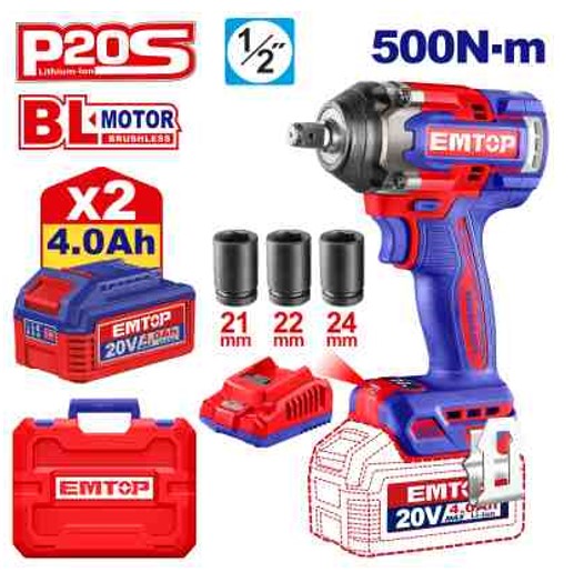 Heavy Duty Brushless 20V Cordless Impact Wrench 1/2 inch Drive 500Nm Fastening 650Nm Nut-busting 0-2200rpm 0-3300bpm with 2x4.0Ah Batteries Charger Socket Set
